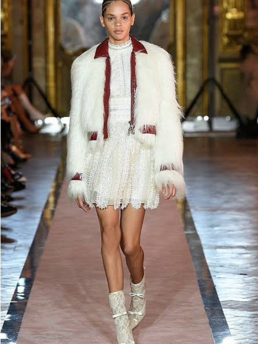 White Faux Fur Bomber Jacket with Burgundy Trim Giambatista Valli x HM